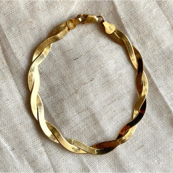 Two-Toned 925 Sterling Silver & Gold Overlay Bracelet Flat Herringbone Twist - Picture 5 of 13